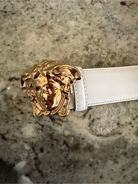 White Leather Belt with Gold Medusa Buckle